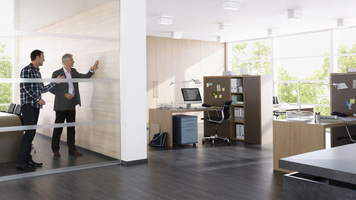 Impression eines Büros mit abgeschlossenem Raum mit Glaswand und offener Bürogestaltung.